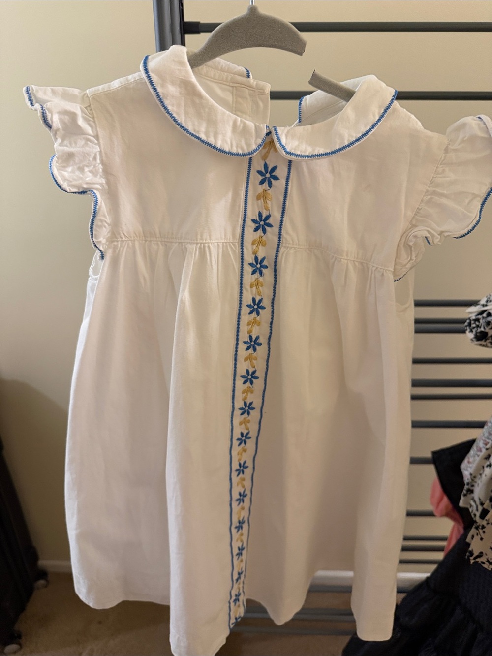 Classic White Girls' Dress with Blue & Yellow Floral Trim